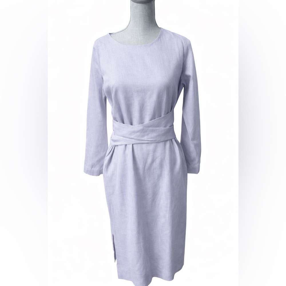 Nich Linen 100% Linen Dress Gray M Attached Tie Waist Pockets NWT Minimalist